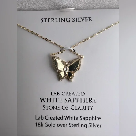 NWT White Sapphire 18 Butterfly Pendant Necklace 14k Gold-Plated Sterling Silver - Picture 6 of 6
